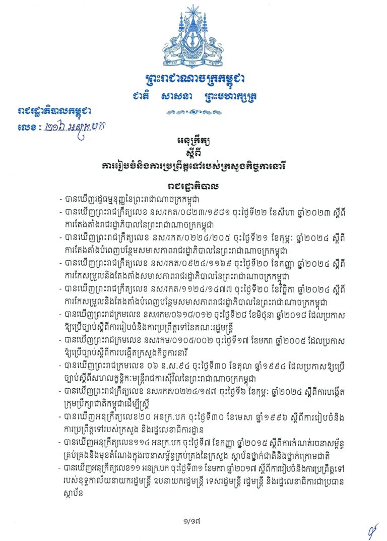 អនុក្រឹត្យស្ដីពីការរៀបចំនិងការប្រព្រឹត្តទៅក្រសួងកិច្ចការនារី